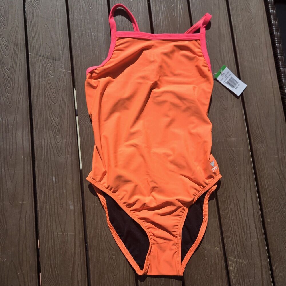 TYR Neon Orange 1 Pc Swimsuit, DiamondFit, Grab Bag Suit SZ 36 worn 2x